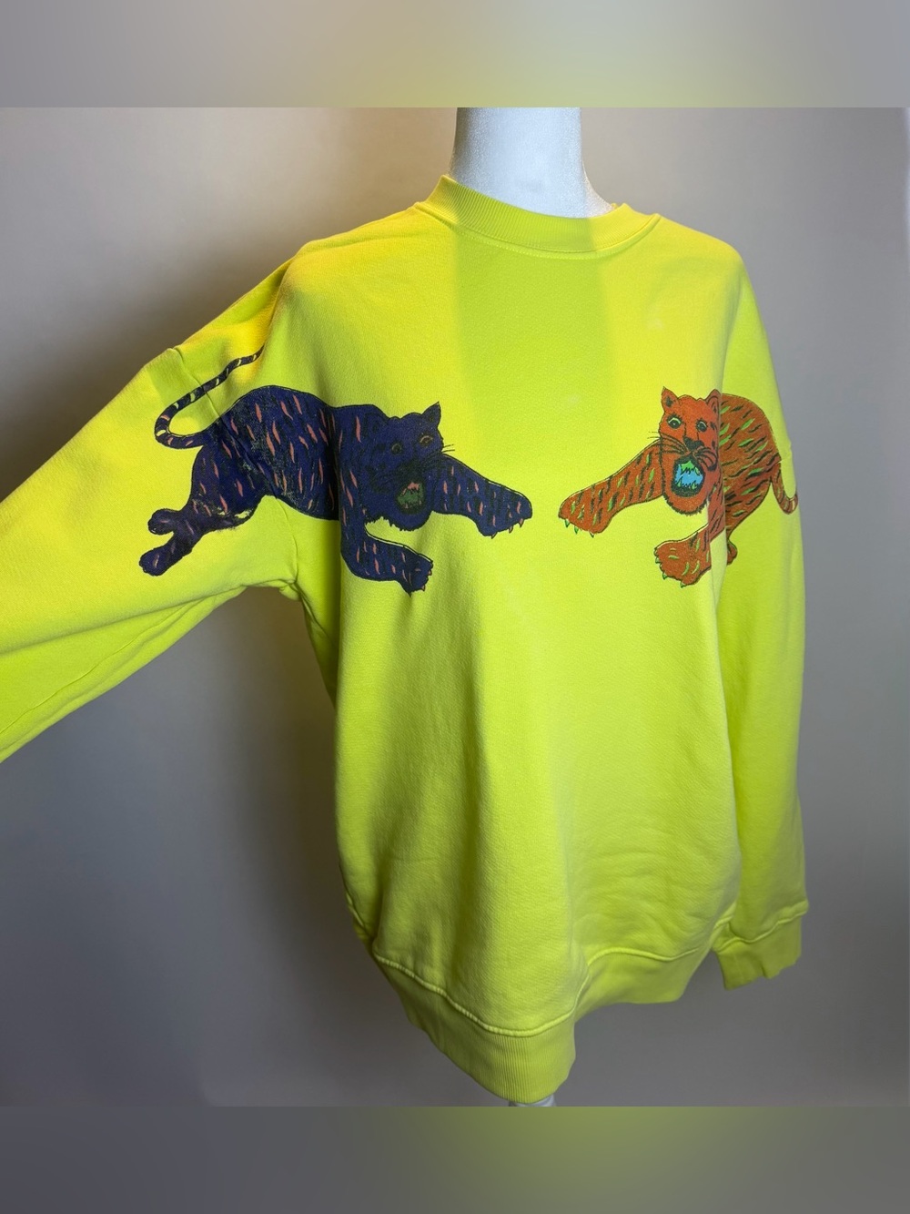 Raquel Allegra Neon Yellow Sweatshirt with Panther and Tiger Motif
